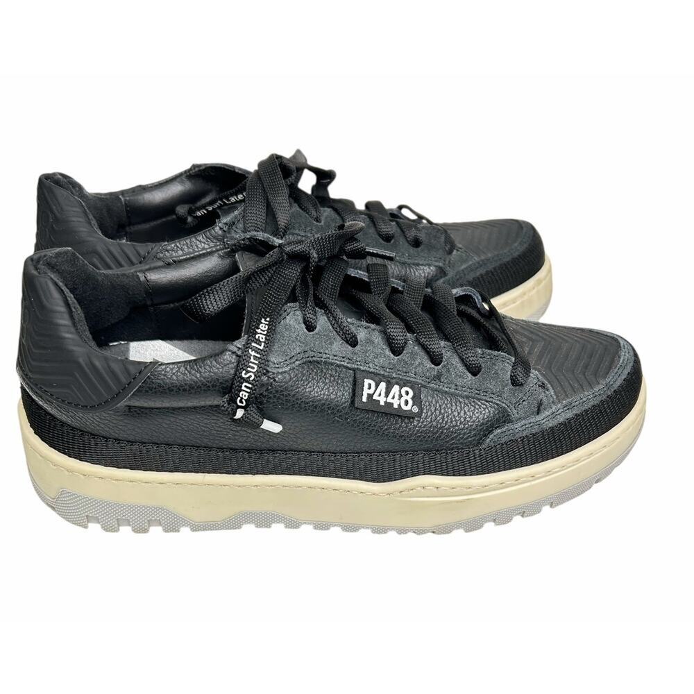 P448 Olli Black Leather Low Top Sneakers Mens 6 / Womens 7.5 Italy - Picture 2 of 8